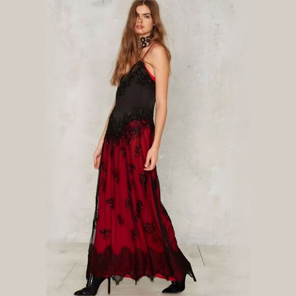 Nasty Gal ✦ Gothic Maxi Dress ✦ Red/Black Lace w/ Sheer Overlay & Beading XS NWT - Picture 2 of 11